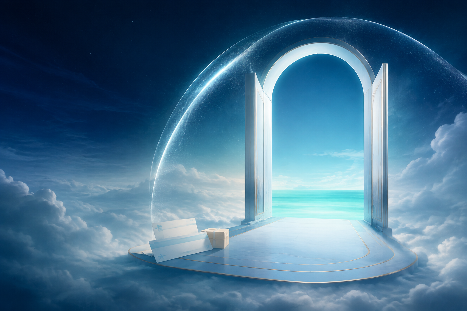 Porte lumineuse dans les nuages symbolisant l’espace personnel Connexion / Embarquement